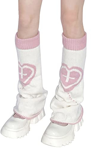 WODECASA Flickor Kawaii benvärmare stickade utsvängda ben ärmar gotiska virkade baggy manschett ankelstrumpor, Vitt hjärta, en storlek