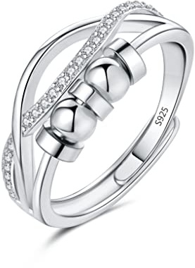 Loutade Silber Anxiety Rings, 925 Sterling Silber Damen Angst Ring, Offen Einstellbar Silber Fidget Ring Dekompressionsringe, Unisex Unendlichkeit Stressring Zappelring Achtsamkeitsring mit Perlen