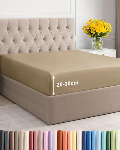 Spannbettlaken 180x200 cm - Für Matratzen bis 30 cm Höhe (12) - Polyester Mikrofaser - Weiche Gebürstete - Knitterfrei, Schrumpf- und Farbbeständig - Oeko-TEX Zertifiziert - Beige Bettlaken