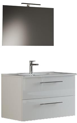 MaMa Store IRIS 80 - Mobile Bagno Sospeso IN KIT DA MONTARE 80 CM BIANCO LUCIDO LACCATO con Lavabo, Specchio e Lampada LED, L.81 X P.47 X H.53 cm