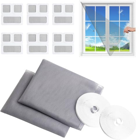 2 Invisible Fly Screens for Windows, 130x150CM Adjustable Window Fly Screen | Grey Window Screen Mosquito Netting Fiberglass with 6 Repair Subsidies and 2 Rolls Tapes Keep Out Bugs/Flies