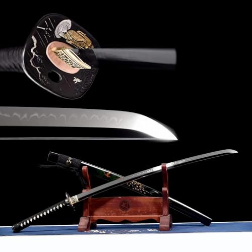 103cm handgefertigte Samurai-Schwerter,T10-Stahlklinge mit handgebranntem Flammenmuster,Naturholzscheide mit Hornbesatz,echtes Katana für Kampfsport,Kendo-Training,Sammeln,Ausstellen