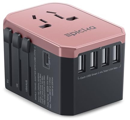 EPICKA Reiseadapter Weltweit, Reisestecker Adapter Weltweit 28W, Internationaler Steckdosenadapter mit 4 USB-A,1 USB-C, Universal Travel Adapter für USA UK EU Japan Thailand Australien TA-105 Rosa