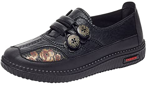 Genérico Zapatillas Negras Mujer Trabajo 2024 Otoño Zapatos Casuales Fondo Punta Redonda Flores Cómodas Tenis Ancho Especial (Black, 41)