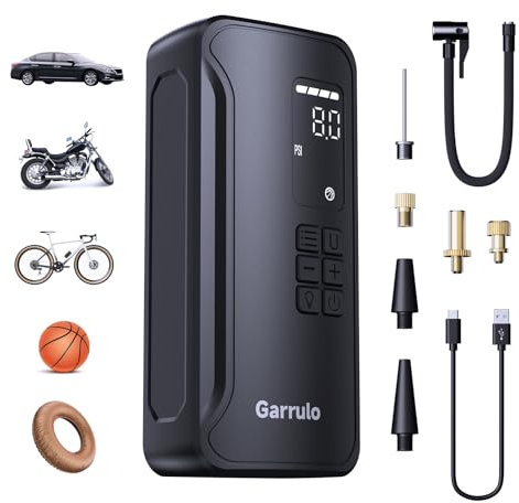 Garrulo Compressore Aria Portatile, Mini Compressore con Manometro, Gonfiatore Elettrico Portatile 150PSI Pompa Elettrica con Batteria per Auto/Bicicletta/Palla/Moto