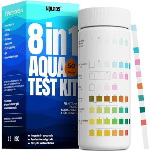Wolmds Bandelettes de test d'aquarium – Boîte de test d'eau 8 en 1 : tests rapides et précis pour l'eau douce et l'eau salée, 50 bandelettes pour mesurer le nitrite, l'ammoniac pour l'entretien