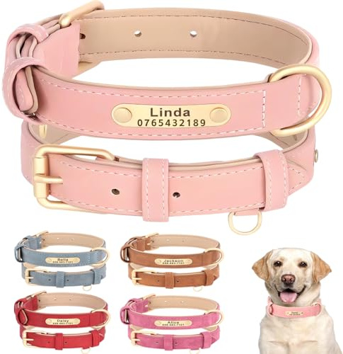 SEOUGEE Personalised Leather Dog Collar, Soft Padded Leather Dog Collars Heavy Duty with Custom Engraved Name Plate Adjustable for Small Medium Large Dogs (M, Baby Pink 28-37cm)