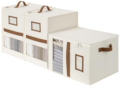 StorageWorks 3-Pack Bed Sheet Organizers and Storage, Foldable Bedsheet Holder for Linen Closet, Bedding Container with Handle, Beige, 15 D x 12¾W x 10 H