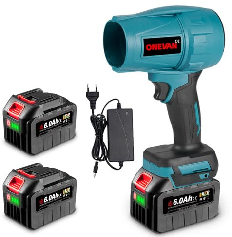 ONEVAN Turbo Gebläse Akku mit 2 6000mAh Akkus, 576km/h Bürstenloses Schneefräse, 28000RPM Elektrische Staubgebläse Luftbläser zum Wegblasen von Laub, Schnee, Staub, Blaskraft 1,2KG