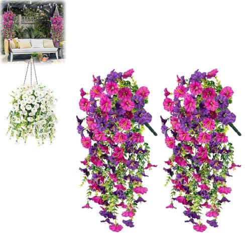 2pcs 75cm Artificial Hanging Flowers UV Resistant Fake Flowers Artificial Plants Outdoor Flower Bouquet Vine Plants Drooping Plants for Home Wall Garden Wedding Indoor Outdoor Decor (purple-A)