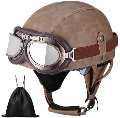 Uueybsg Casque de Moto Vintage Cuir Retro Casque Jet Casques Bols Demi Casque de Mobylette Cuir avec Lunettes Homologué ECE Casque Scooter pour Adultes Homme et Femme avec Sac de Rangement
