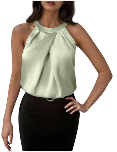 Lovraj Camiseta sin mangas para mujer, cuello halter de satén, elegante, sin mangas, camiseta de verano, camisola para fiesta, verde, M