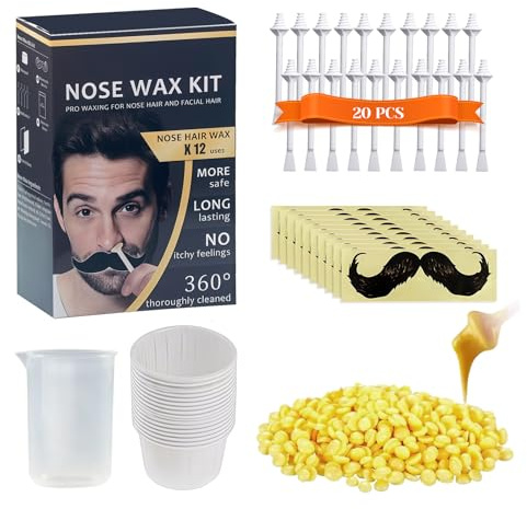 Kit de cire pour nez, Cire Épilatoire Nez, épilation du nez, 100g de cire avec 20 applicateurs, Autocollants Barbe Moustache, Épilation rapide et efficace, Usage simple et hygiénique