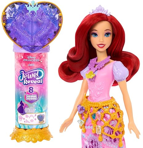 Mattel Disney Princesas Muñeca Ariel de Moda y Accesorios con 8sorpresas, Incluido el joyero con Forma de corazón, el Anillo para los peques y 9 Piezas de Juego, Inspirada en la película, JHL49