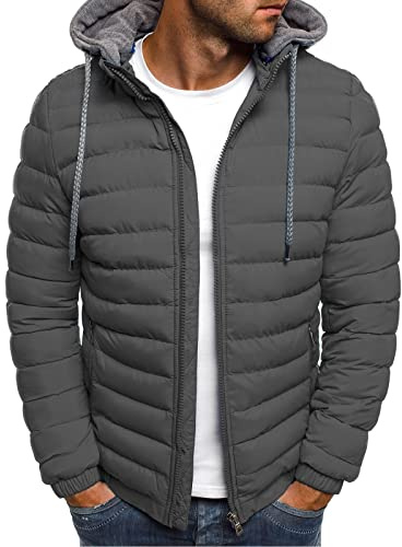 Steppjacke Herren Winter Daunenjacke Leicht Dünne Winterjacke Schwergewicht Jacket mit Kapuze Langarm Herrenjacke Classic Einfarbige Mantel Fashion Bequeme Kapuzenjacke 02 Grau L