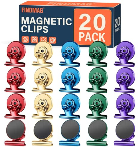 FINDMAG Magnetic Clips for Fridge,20 Pack Magnet Clips for Clothes | Colorful Fridge Magnets hold for notes, photos & memos,Magnetic Bulldog Clips for Office, Locker, Display, Classroom