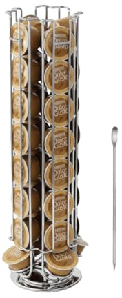 EMEJEY® Organizador de Cápsulas de Café Compatible con Dolce Gusto – 32 Cápsulas – Soporte Giratorio 360° – Acero Cromado Inoxidable con Base Antideslizante – Incluye Lápiz Decorador