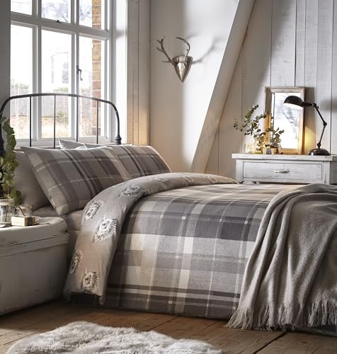 Dreams & Drapes - Grey Checkered Hedgehog Duvet Cover - Double Bedding Size (200 x 200cm) - Super Soft 100% Brushed Cotton - Reversible Design - Grey Flannelette Woodland Bedding with Hedgehogs