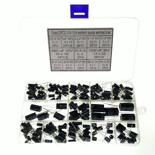 DollaTek kondensatorer 13 värden totalt 200 st 0,47 uF till 1 000 uF elektrolytiska kondensatorer sortimentsats