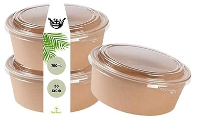 DeinPack 300 Salatschale to go mit Deckel braun rund 750 ml I Salatschale Kraftkarton Verpackung mit PLA Innenbeschichtung I Deckel aus recyceltem PET