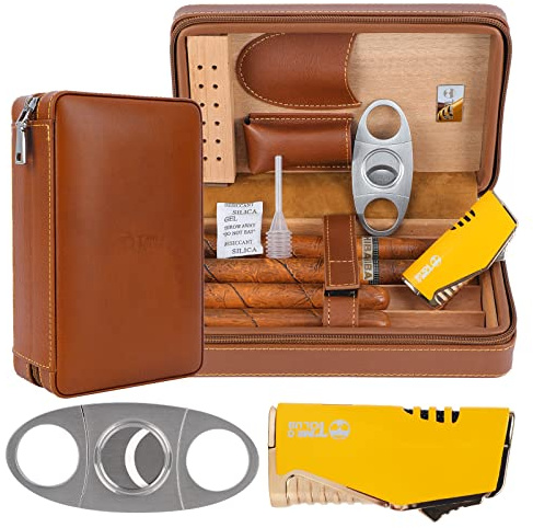 Estuche Portátil de Viaje para 4 Puros,Encendedor, Cortapuros, Humidificador dePuros con Cortapuros y Humidificador, Regalo para Novios, Regalode Cumpleaños