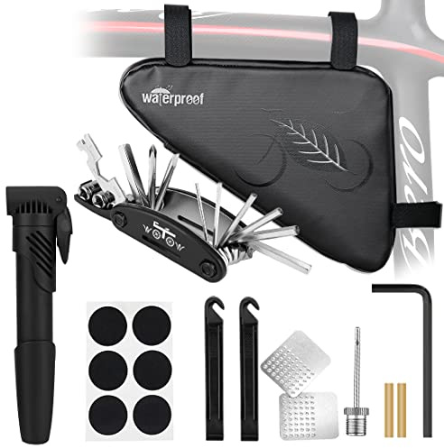 WOTOW Bike Repair Kit with Tire Pump, 2L Waterproof Bike Frame Bag for Phone Tools Accessories, 16 in 1 Multitool, Bike Glueless Patches Maintenance Essentials All in One Kits for Mountain Ebike (16)