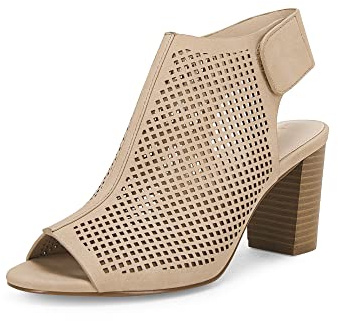 Coutgo Peep Toe Booties Women Heels Chunky Block High Heeled Sandals Ankle Strap Open Toe Boots,Nude,Size 8.5