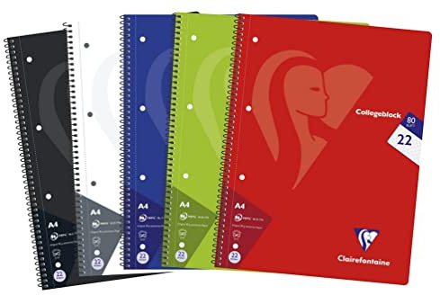 Clairefontaine 307252C - Paquet de 5 cahiers scolaires, DIN A4 21x29,7 cm, 160 pages, 90g, petits carreaux, couleurs assorties, 1 paquet