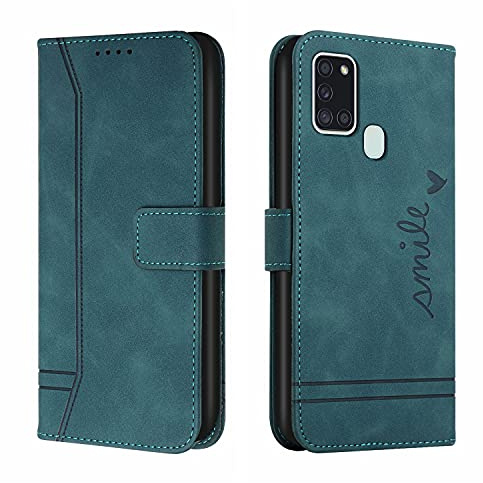 Trugox Handyhülle für Samsung Galaxy A21S Hülle Klappbar Klapphülle Totemblume mit Kartenfach Handytasche Handy Schutzhülle Tasche Leder Wallet Flip Case Book Cover - Blaugrün
