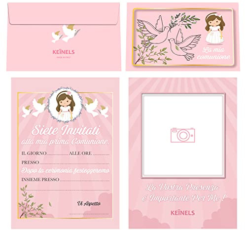 Inviti Comunione con Buste Bambina Originali – 16 Biglietti e 16 Buste Inviti Prima Comunione Bimba – Kit Prima Comunione Originale