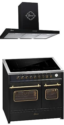 GURARI Induktions-Standherd E 913 DF RU BL+GCH 461 BL 9, Retro Elektro Standherd, Range Coocker mit FLEX Induktion+Dunstabzugshaube 90 cm