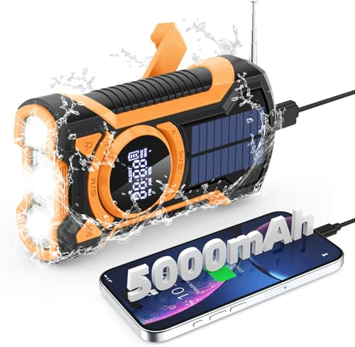Radio d'urgence à manivelle solaire 5000 mAh, IP65, étanche à la poussière, Bluetooth 5.3, radio d'alerte météo portable AM/FM/NOAA avec lampe de poche, chargeur de téléphone, SOS, prise casque -