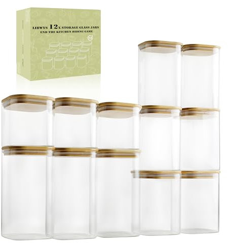 LIBWYS Set of 12 Square Storage Jars with Lids, Glass Food Storage Containers - in 3 Sizes: 720ml; 1150 ml; 1580 ml - 12pcs Plus Edition