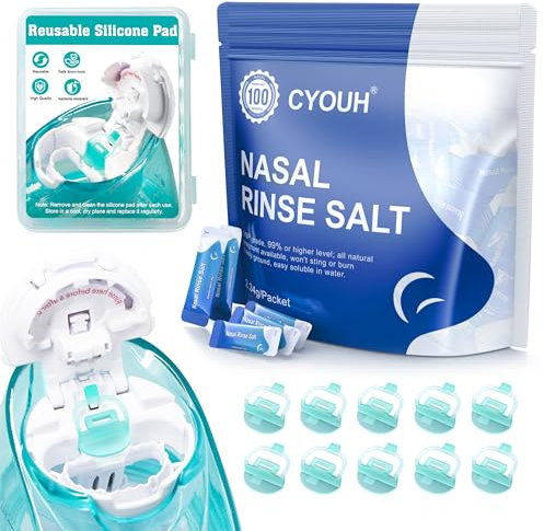 CYOUH Ricarica per cuscinetti in silicone, compatibile con prodotti per la cura del naso Navage, facile da usare, 100 pacchetti di sale per il risciacquo nasale + 10 cuscinetti in silicone