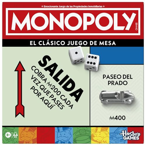 Hasbro Gaming, Monopoly Clásico, Juego de Mesa, Inversión en Familia, Tablero y Caja de Almacenamiento, 6 Peones, Idea de Regalo, Fiestas con Amigos, Multijugador, Dinero de Colores