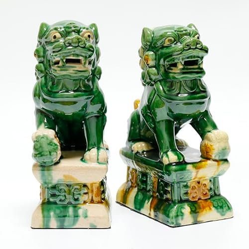Siunwdiy Statue Cani Foo Cinesi in Ceramica - Coppia di Leoni Guardiani del Tempio, Decorazione Feng Shui, Set Regalo Orientale,Dark Green,4.72 * 7.87in