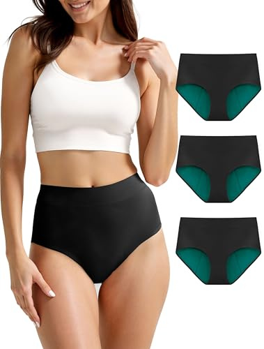 TIICHOO Periodenunterschwäsche Starke Blutung Hohe Taille Unterhosen Damen Bequem Menstruationsunterwäsche 3er Pack (S, 3 Schwarz)