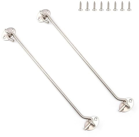 PHMING 2 Pezzi Chiusura a Gancio e Occhiello 300mm, Gancio Porta in Acciaio Inossidabile, con Occhielli, per Bloccare Finestre, Persiane, Porte Scorrevoli (Argento)