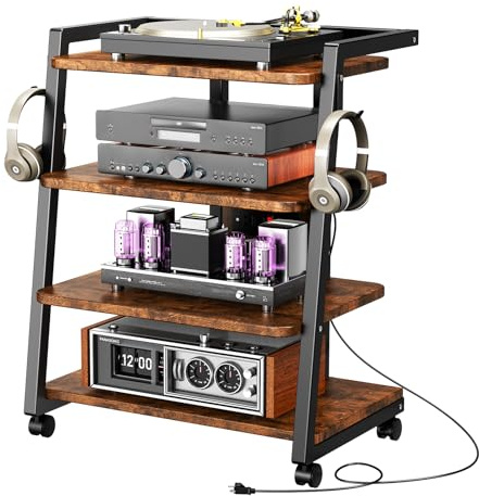 CABTE Mobile AV Media Stand with Outlets and 4 Rolling Caster Wheels, 4-Tier Rolling TV Stand for Gaming Console, Stereo, DVD Player, Sturdy Metal Frame, Versatile Living Room,Bedroom (Retro Brown)
