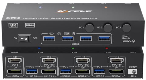 KVM Switch 3 PC 2 monitores 8K @ 60Hz, 4K @ 144Hz, MLEEDA HDMI y Displayport Dual Monitor KVM Switch con 4 puertos USB 3.0 para teclado, ratón impresora, con mando a distancia por cable, adaptador de
