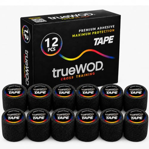 trueWOD Tape Crossfit Adhesivo Cinta Dedos Esparadrapo Deportivo Hook Grip | Caja de 12 Rollos Tapes Flexibles y Resistentes para Proteger Pulgares y Dedos. Accesorios de Crossfit para Mujer y Hombre