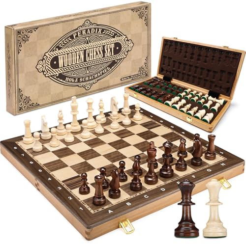 Peradix Juego de ajedrez de madera de 19 pulgadas, tablero de ajedrez plegable con rey de 3.75 pulgadas, 2 reinas extra, juego de ajedrez profesional clásico para adultos y niños