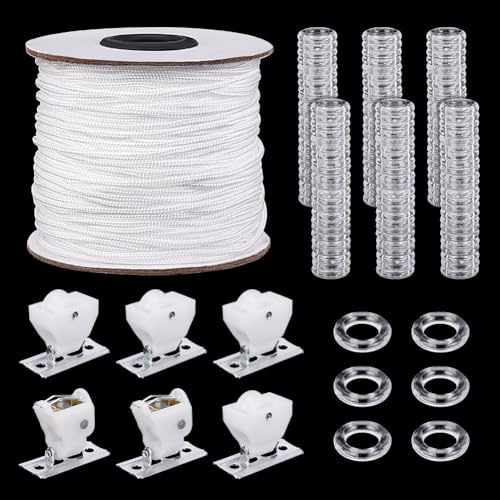 PH PandaHall 100pz 14mm Anelli Trasparenti per Tende Romane 50m 2mm Cordino per Tende Intrecciato Bianco 2 Set Blocca Corda in Nylon per Tendes Veneziane Fai da Te