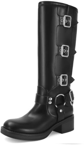 RJYLP Knee High Boots for Women Square Toe Wide Calf Pull On Riding Buckles Boots Chunky Low Heel Biker Riding Boots