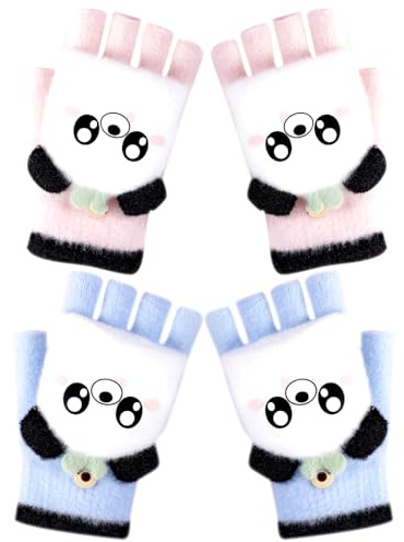 Guanti Senza Dita per Bambini, 2 Paia Guanti da Panda, Panda Guanti Invernali Mezze Dita, Guantis Convertibile Flip Top, Guanti Caldi in Maglia per Ragazze Ragazzi 8-15 Anni