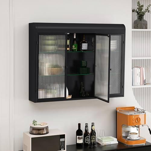 Ligterra Armadio da cucina con 3 ante in vetro, vetrina sospesa a forma di arco, pensile per cucina, soggiorno e bagno (nero)