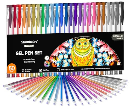 Shuttle Art Stylo Gel Métallique, Set de 50 PCS Stylo à Encre Gel Métallisé(25 Stylos Gels Métallisés plus 25 Recharges), Parfait pour Adultes pour Livre de Coloriage,Dessin,Gribouillage,Marquage