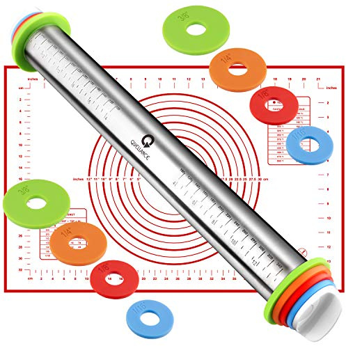 Rolling Pin and Pastry Baking Mat Set, Rolling Pins with Adjustable Thickness Rings, Stainless Steel Dough Roller for Baking Fondant, Pizza, Pie, Pastry, Pasta, Cookies (Red Mat)