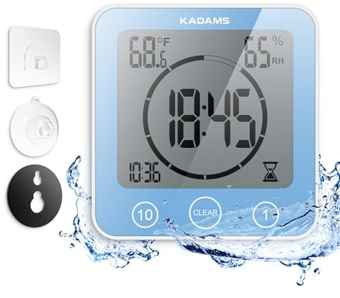 KADAMS Shower Clock Waterproof Bathroom Timer – Digital Wall Clock with Countdown, Magnetic Kitchen Clock with Temperature & Humidity, Suction Cup for Kids Shower Spa Sauna Cook Bath, Blue