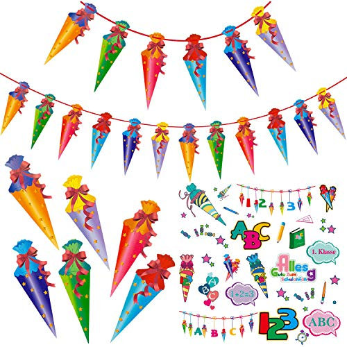 Oblique Unique Schuleinführung Schulanfang Einschulung Deko Set für Jungs und Mädchen - Girlande mit 12 Zuckertüten + 18x Zuckertüten Konfetti + Schul Sticker Set